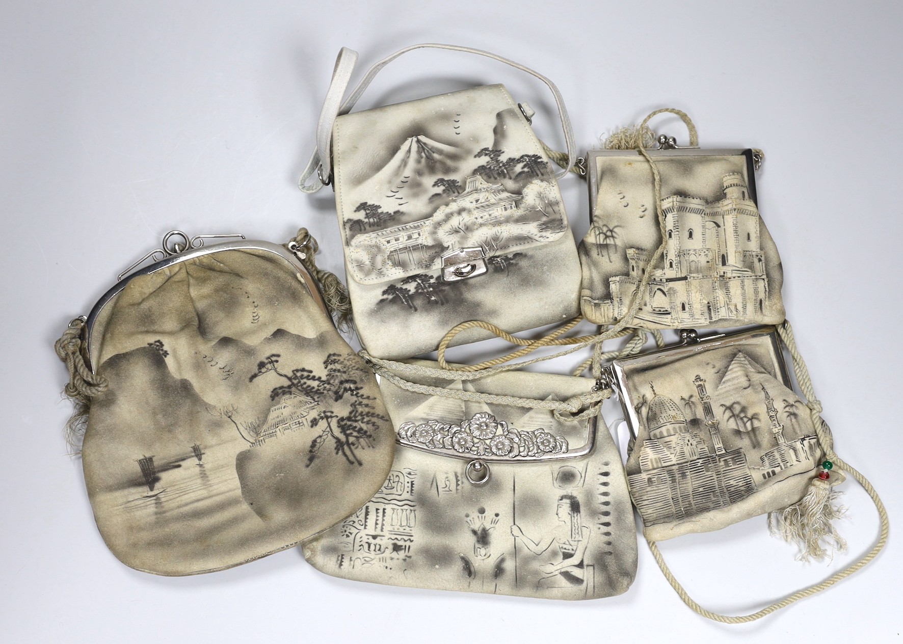 A collection of 1920’s and 30’s grey printed suede tourist novelty handbags of scenes from cities around the world (5)